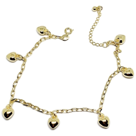 Raf Rossi Gold Plated Jewelry - Heart Charms Anklet 18kts of Gold Plated